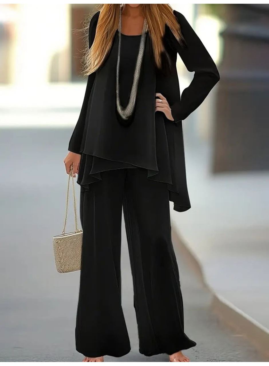 Kadın Uzun Kollu Asimetrik Detaylı Salaş Sandy Bluz Ve Pantolon Ikili Takım