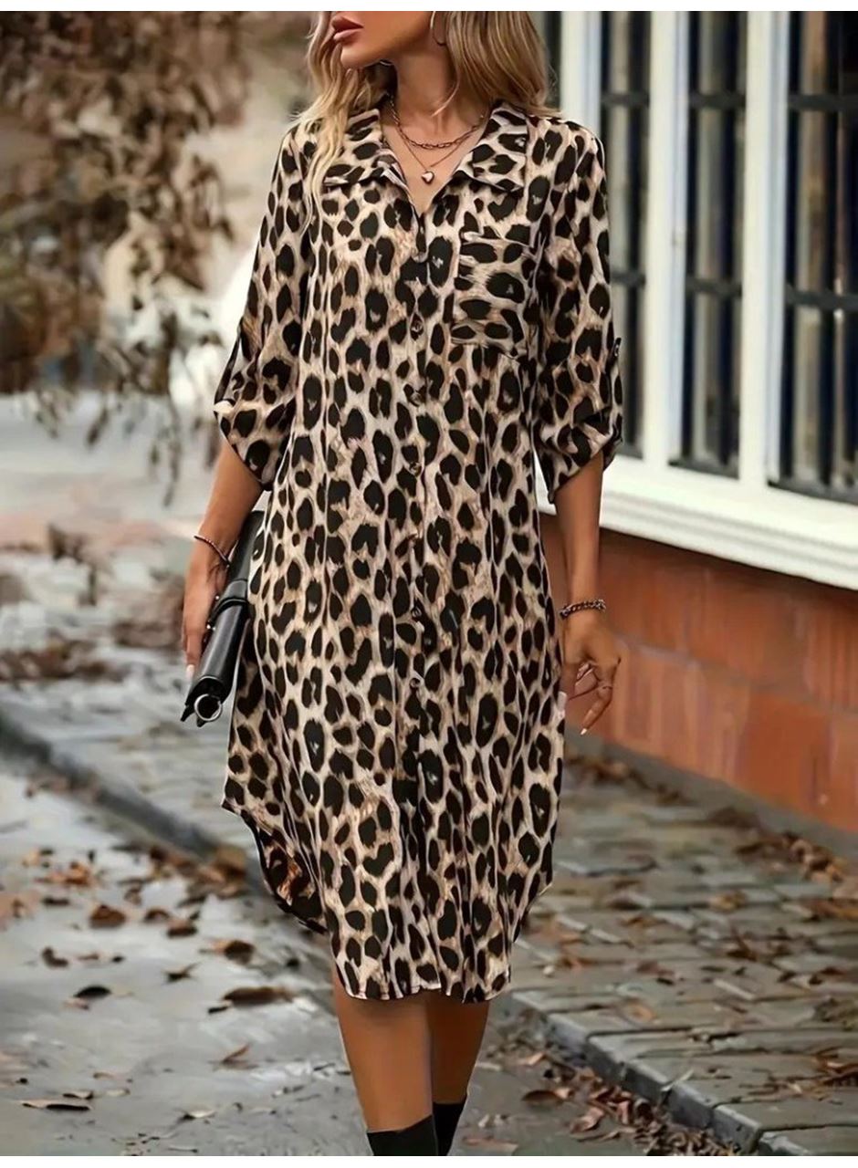 Kadın Uzun Kollu Yakalı önden Düğmeli Leopar Desenli Modal Midi Elbise