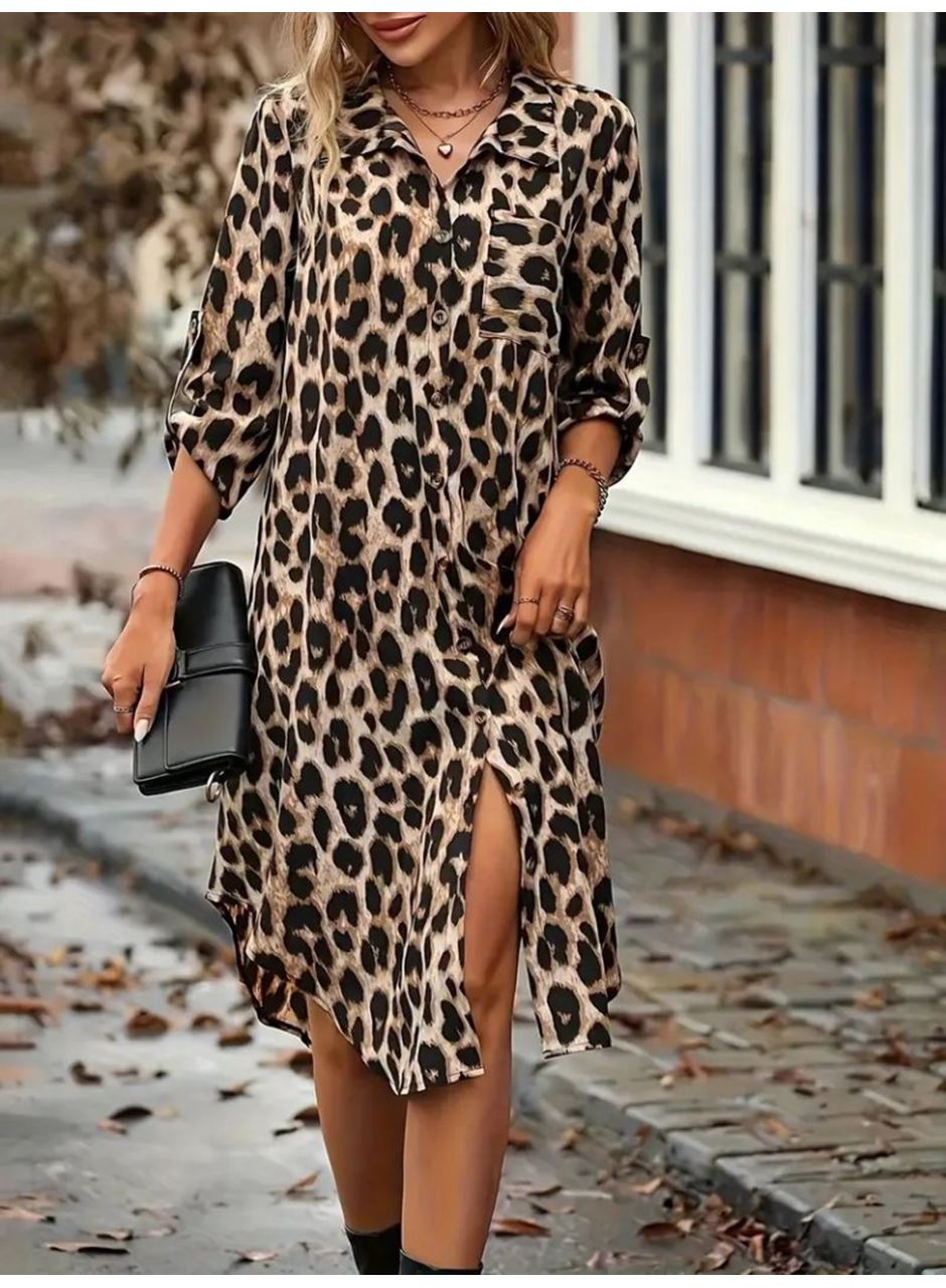 Kadın Uzun Kollu Yakalı önden Düğmeli Leopar Desenli Modal Midi Elbise