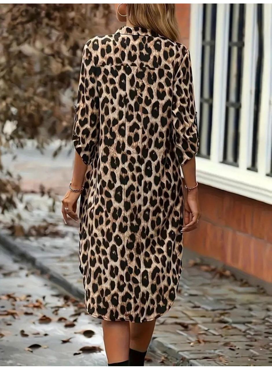 Kadın Uzun Kollu Yakalı önden Düğmeli Leopar Desenli Modal Midi Elbise