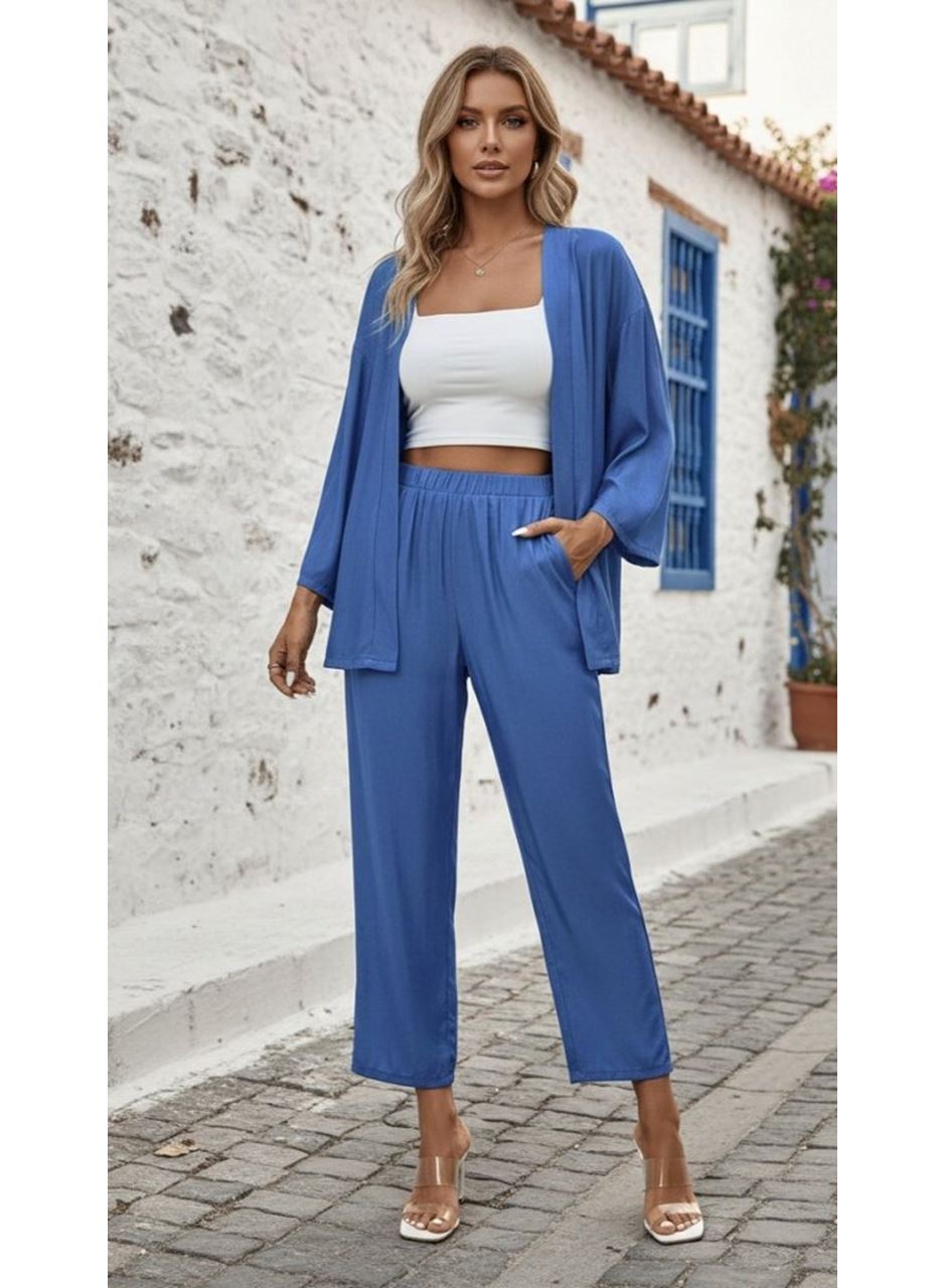 Kadın Uzun Kollu önü Açık Dokuma Ceket Ve Pantolon Ikili Takım