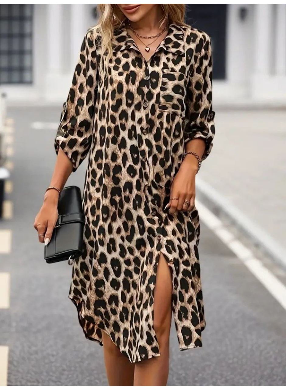 Kadın Uzun Kollu Yakalı önden Düğmeli Leopar Desenli Modal Midi Elbise