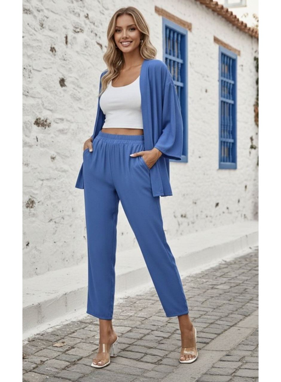 Kadın Uzun Kollu önü Açık Dokuma Ceket Ve Pantolon Ikili Takım
