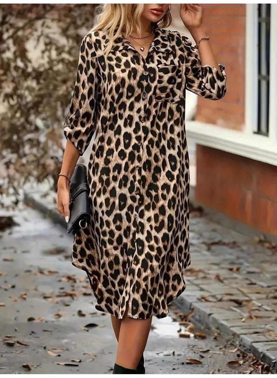 Kadın Uzun Kollu Yakalı önden Düğmeli Leopar Desenli Modal Midi Elbise