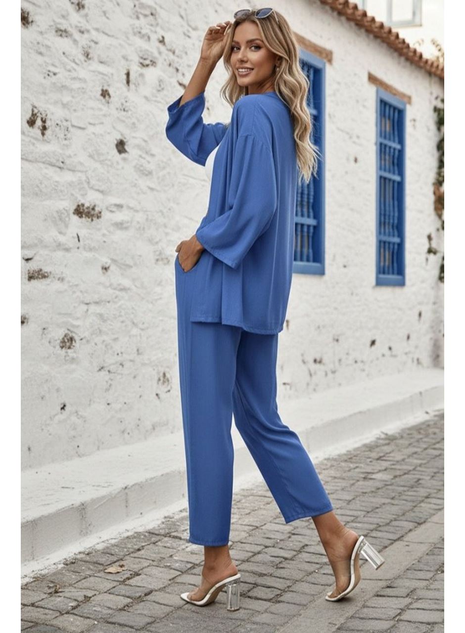 Kadın Uzun Kollu önü Açık Dokuma Ceket Ve Pantolon Ikili Takım