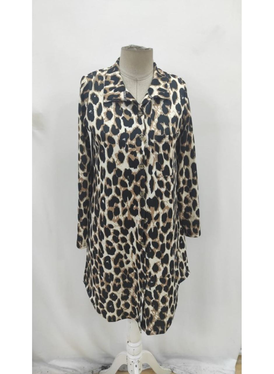 Kadın Uzun Kollu Yakalı önden Düğmeli Leopar Desenli Modal Midi Elbise