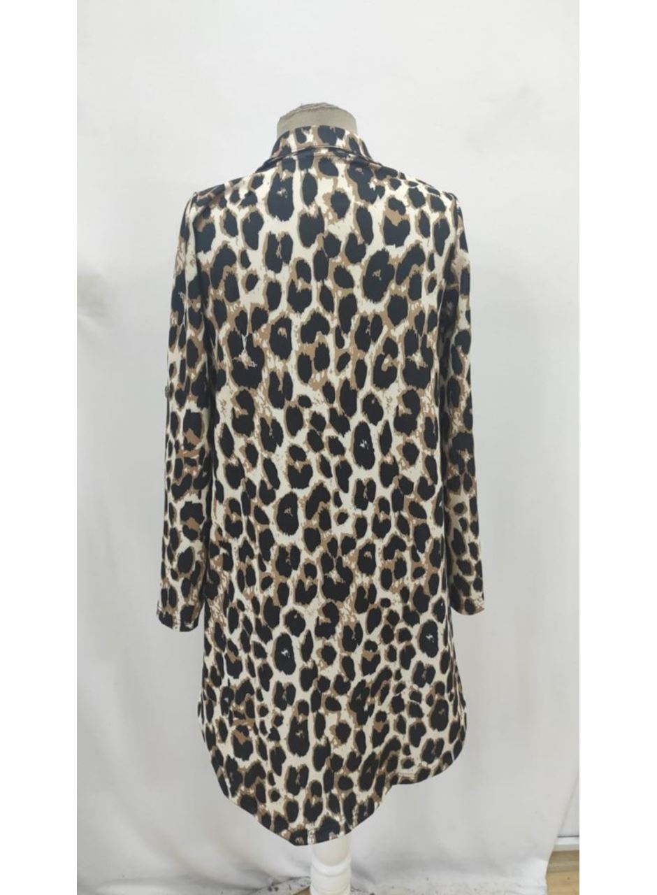 Kadın Uzun Kollu Yakalı önden Düğmeli Leopar Desenli Modal Midi Elbise