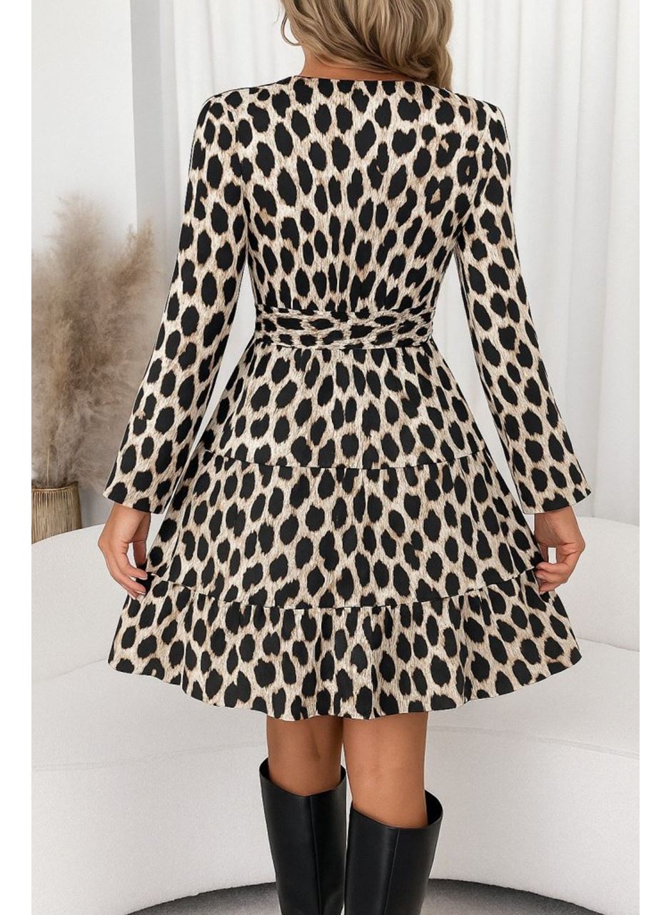 Kadın Uzun Kollu Kruvaze Yaka Desenli Mini Modal Elbise