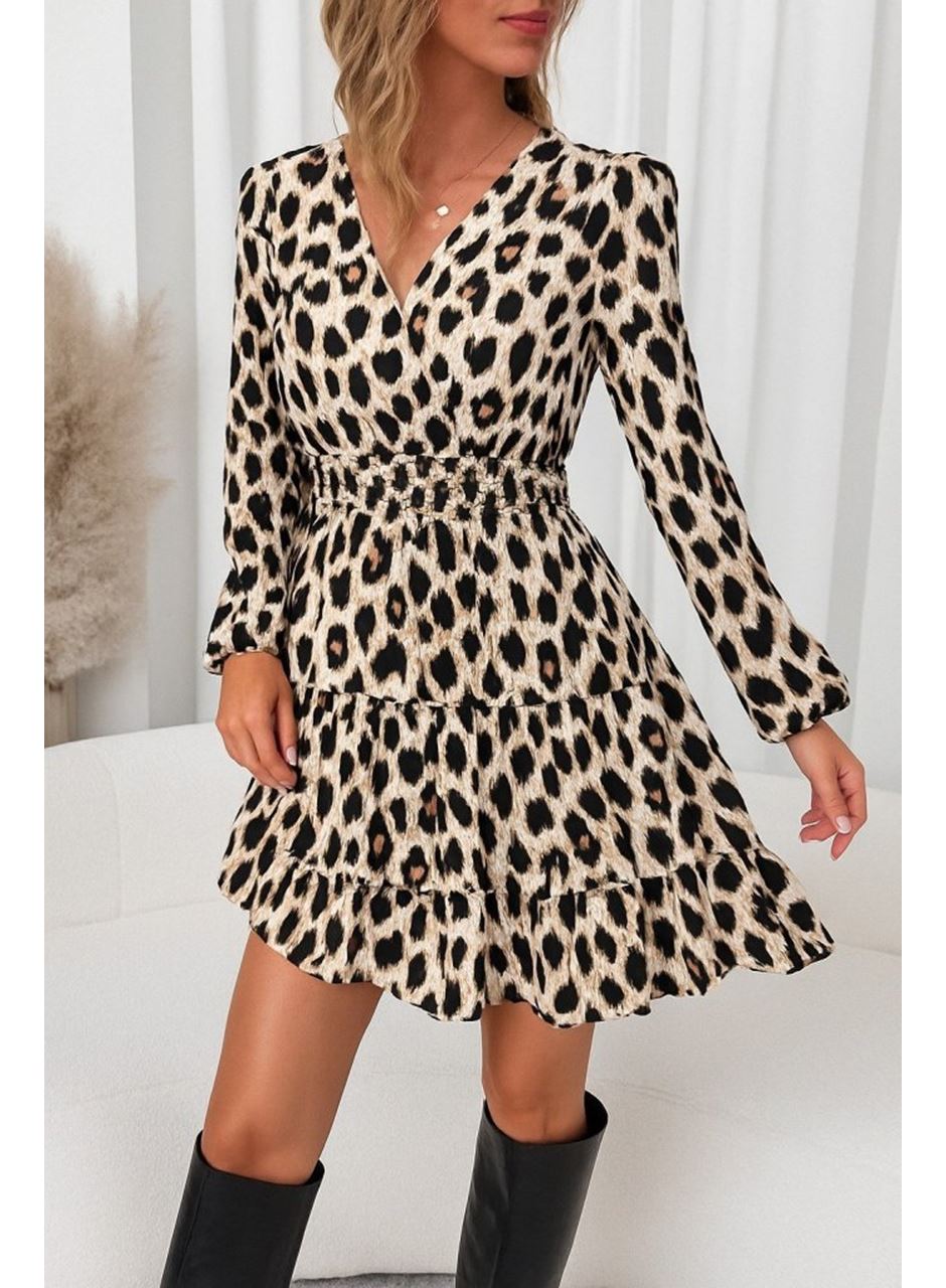 Kadın Uzun Kollu Kruvaze Yaka Desenli Mini Modal Elbise