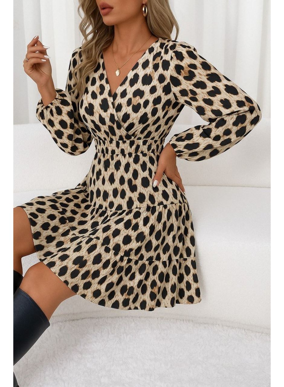 Kadın Uzun Kollu Kruvaze Yaka Desenli Mini Modal Elbise