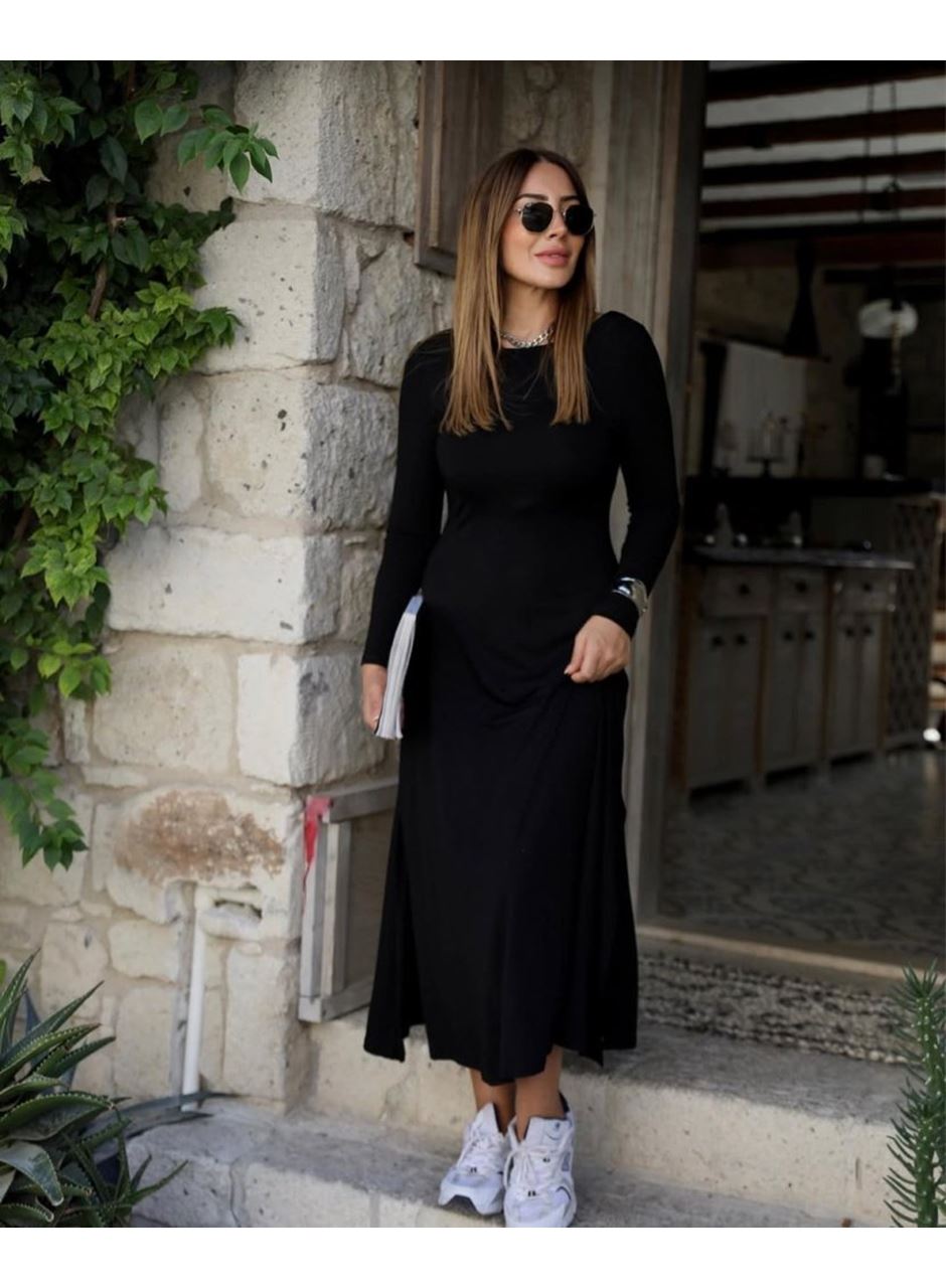 Kadın Uzun Kollu Bisiklet Yaka Arkası çapraz Detaylı Viskon Iki Iplik Maxi Elbise