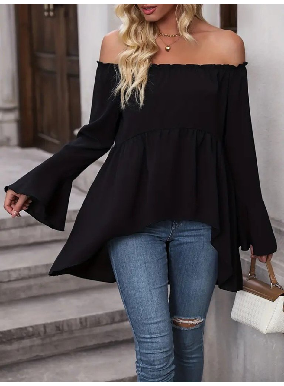 Kadın Uzun Kollu Madonna Yaka Asimetrik Detaylı Kolları Ispanyol Viskon Bluz