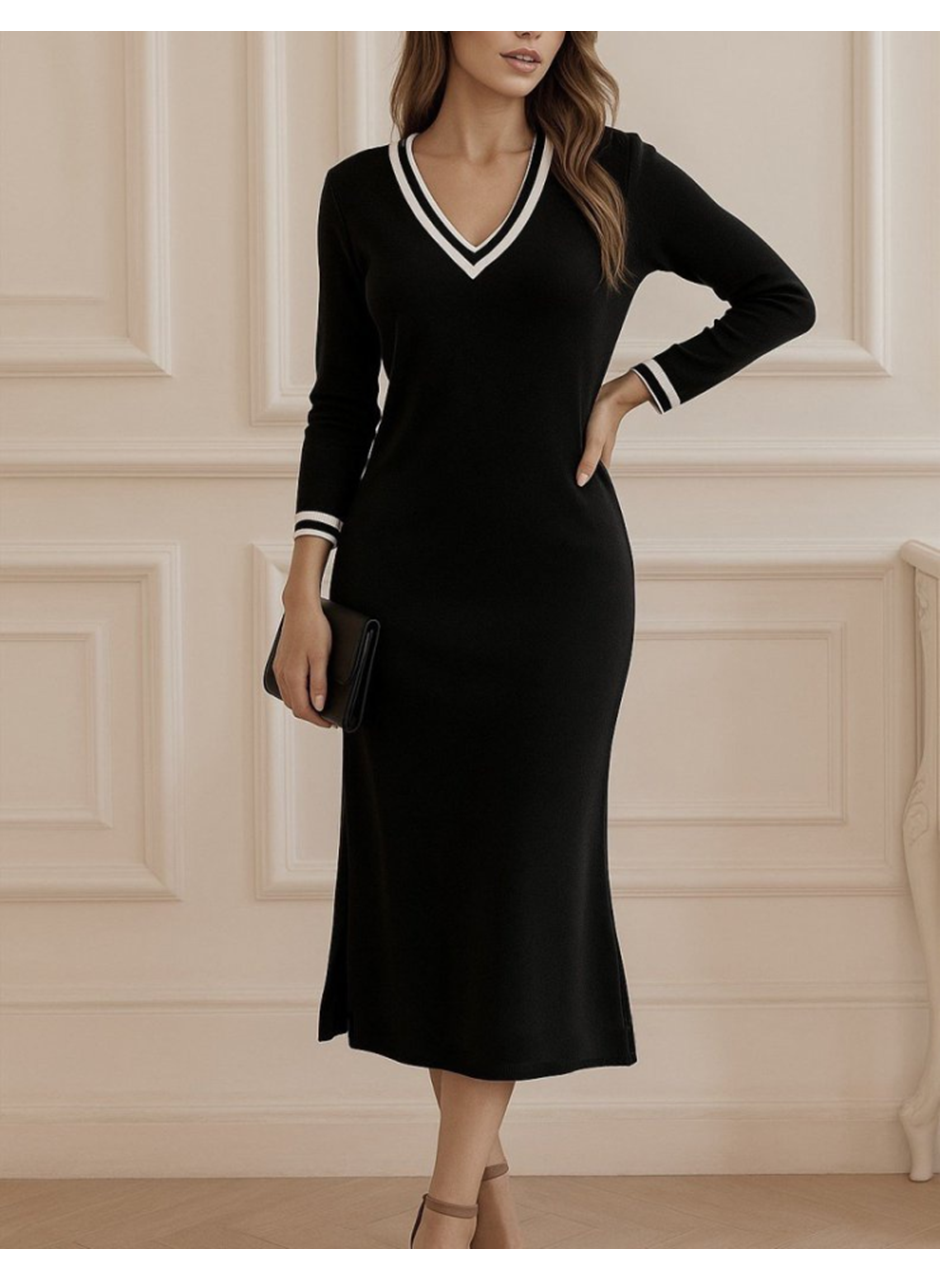 Kadın Uzun Kollu V Ribana Yakalı Yanlardan Yırtmaçlı Midi Viskon Iki Iplik Elbise