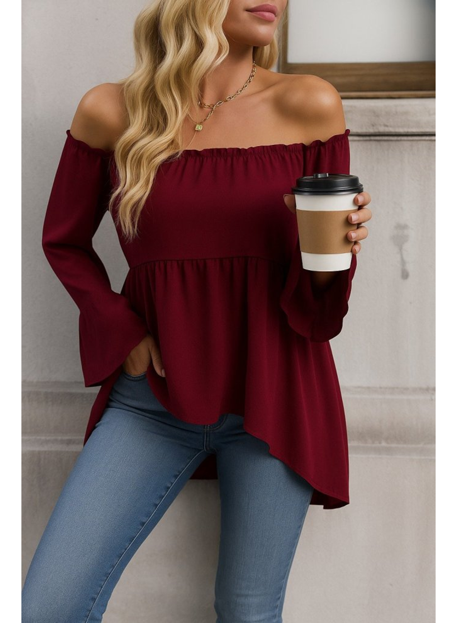 Kadın Uzun Kollu Madonna Yaka Asimetrik Detaylı Kolları Ispanyol Viskon Bluz