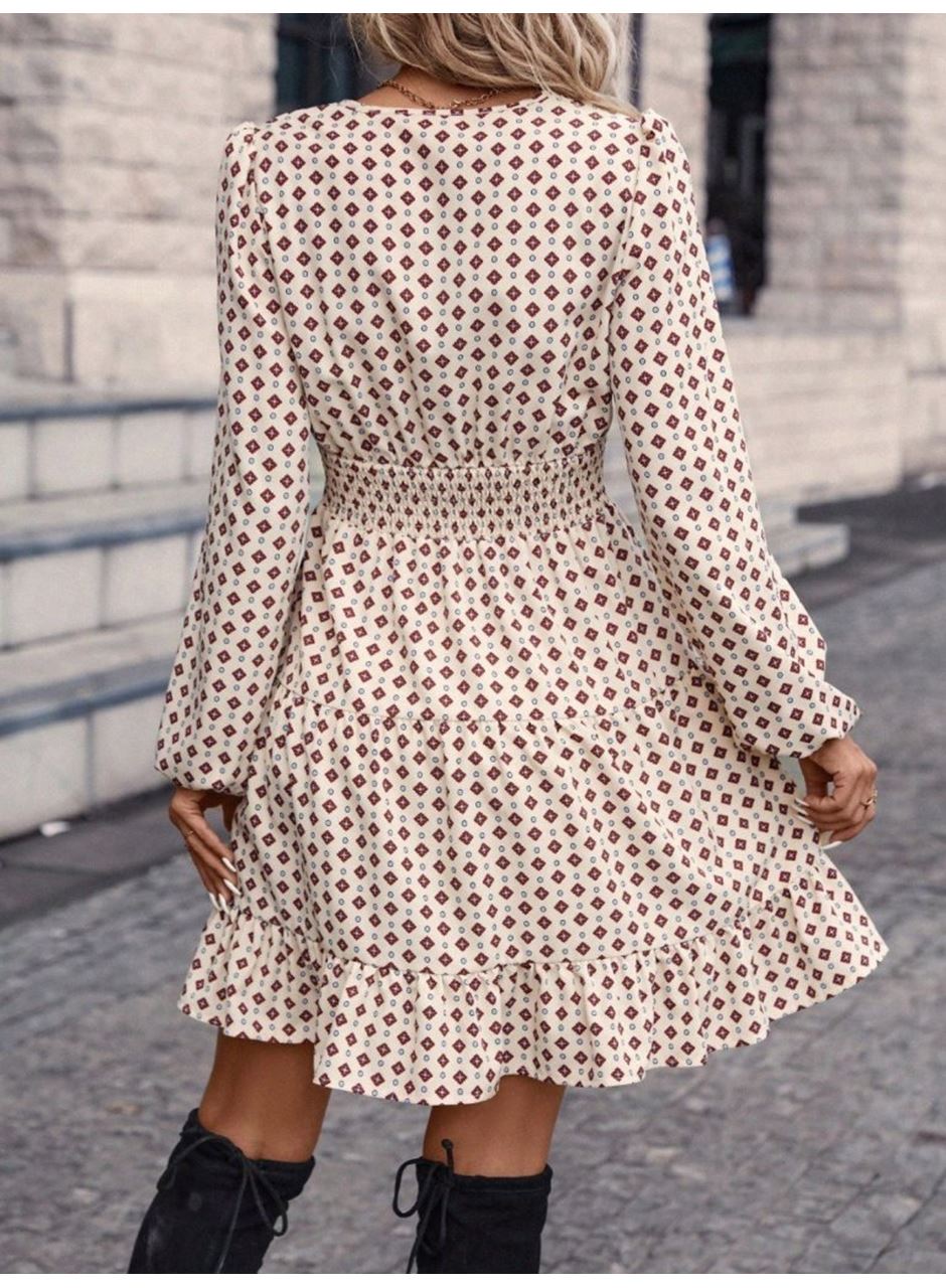 Kadın Uzun Kollu Kruvaze Yaka Desenli Mini Modal Elbise