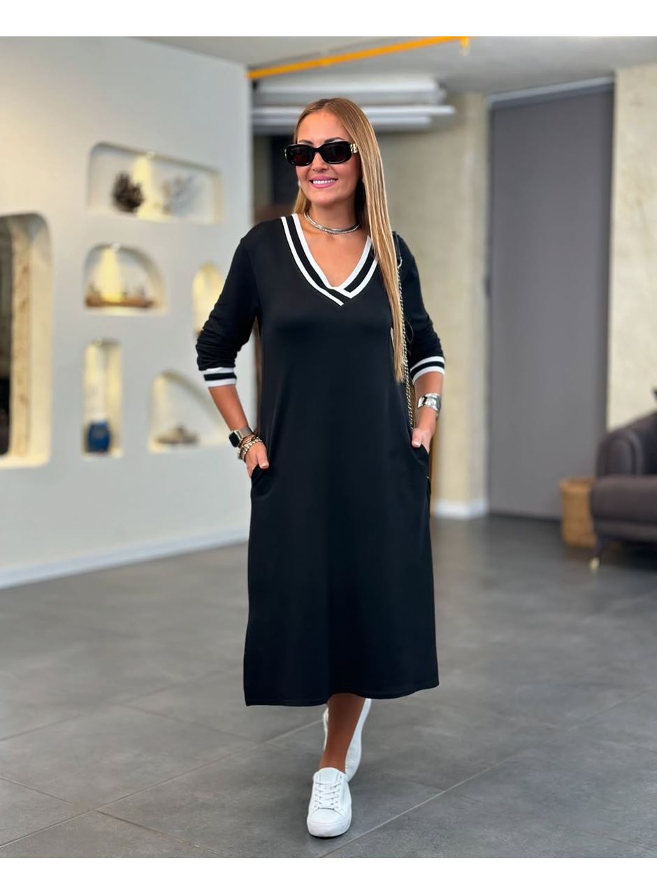 Kadın Uzun Kollu V Ribana Yakalı Yanlardan Yırtmaçlı Midi Viskon Iki Iplik Elbise