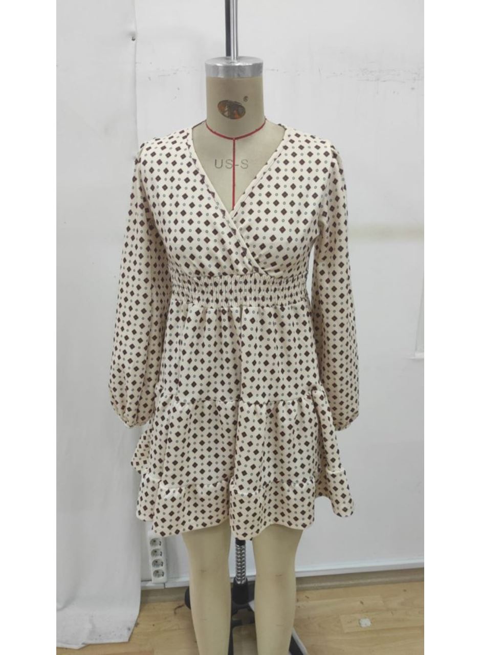 Kadın Uzun Kollu Kruvaze Yaka Desenli Mini Modal Elbise