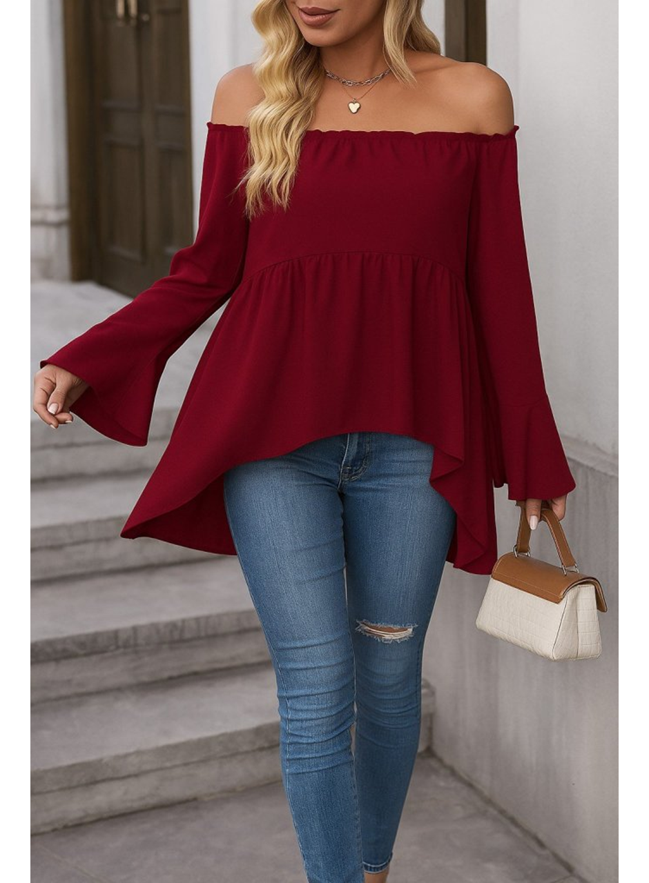 Kadın Uzun Kollu Madonna Yaka Asimetrik Detaylı Kolları Ispanyol Viskon Bluz