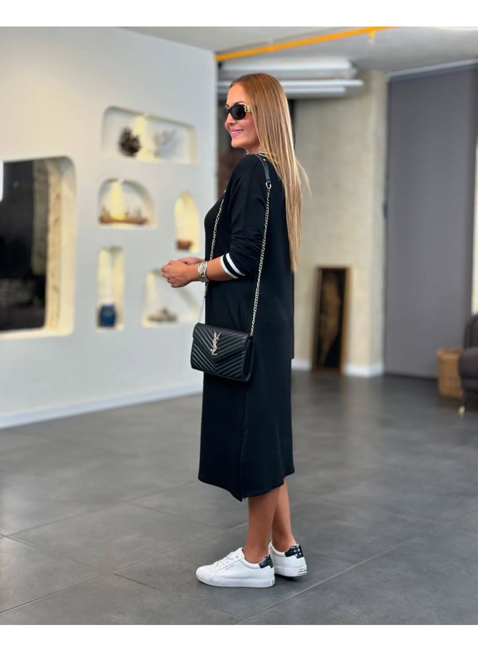 Kadın Uzun Kollu V Ribana Yakalı Yanlardan Yırtmaçlı Midi Viskon Iki Iplik Elbise