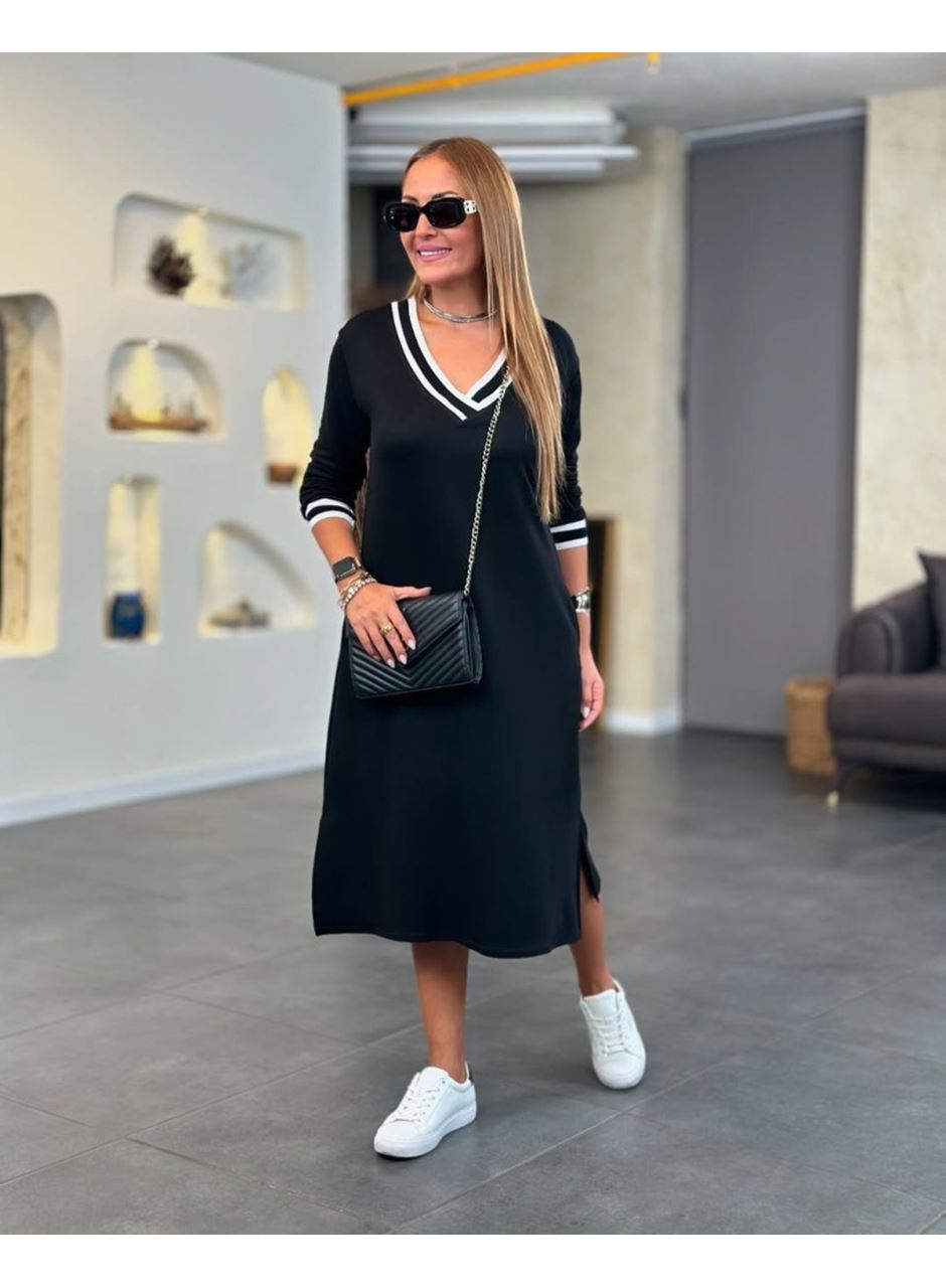 Kadın Uzun Kollu V Ribana Yakalı Yanlardan Yırtmaçlı Midi Viskon Iki Iplik Elbise