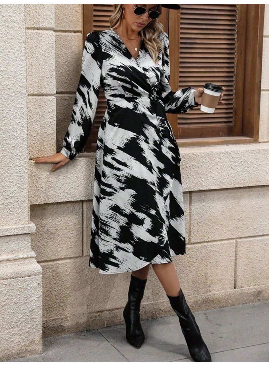 Kadın Uzun Kollu Kruvaze Yakalı Yandan Bağlamalı Desenli Mini Modal Elbise