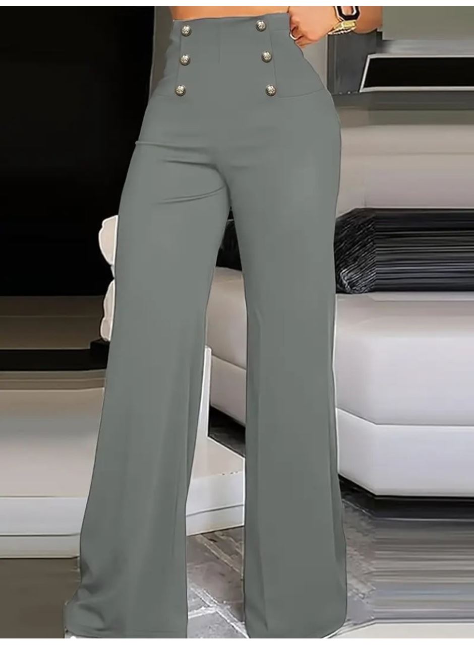 Kadın Yüksek Bel önden Düğmeli Uzun Paçaya Doğru Geniş Ithal Krep Pantolon
