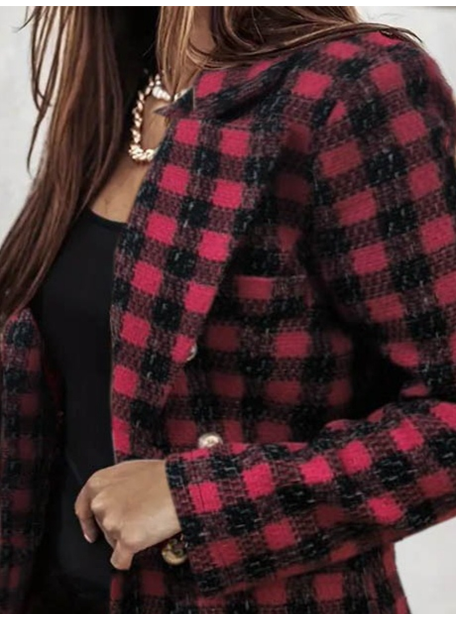 Kadın Uzun Kollu Yakalı Kare Desenli Ekoseli Düğmeli Ceket