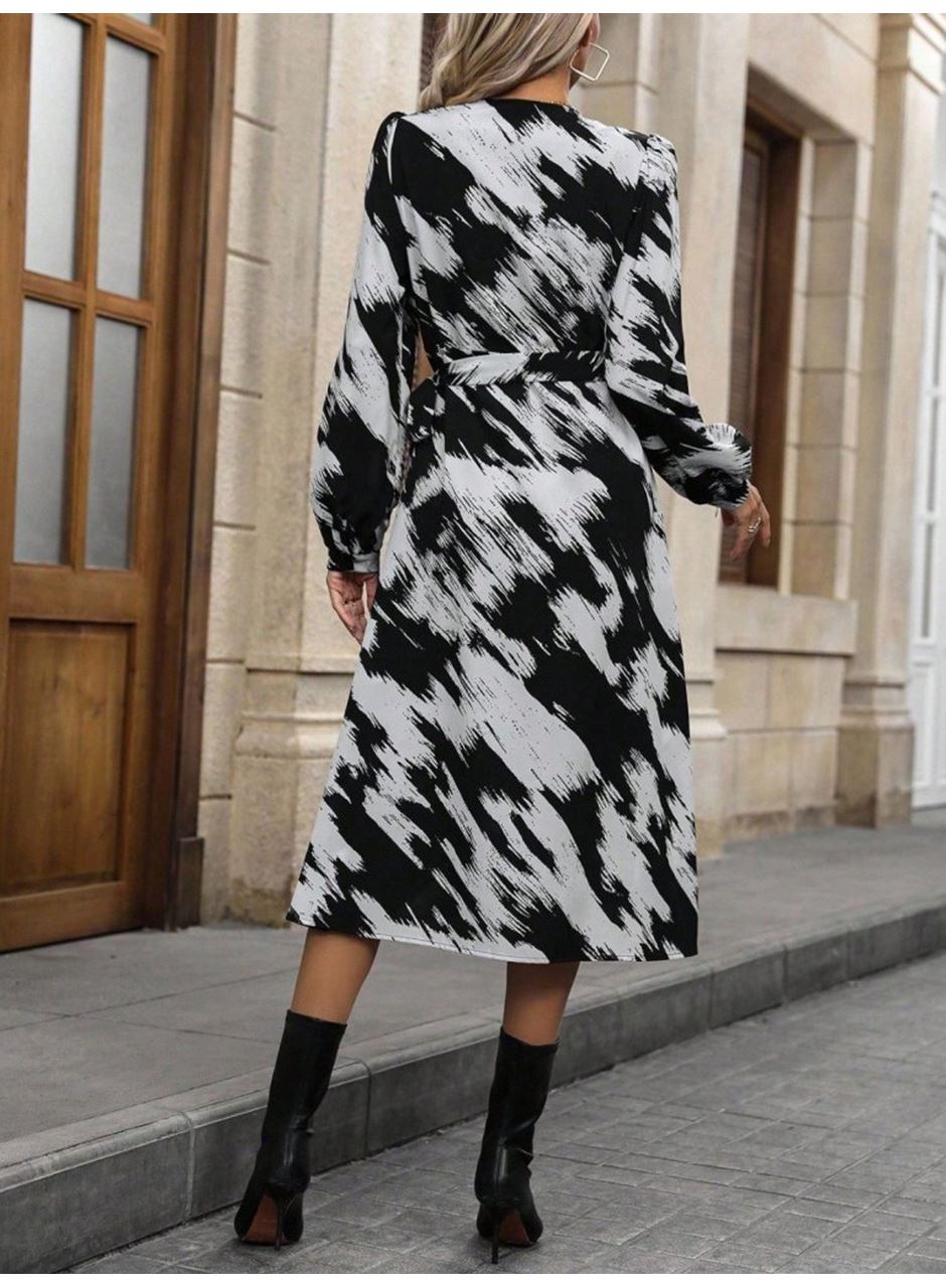Kadın Uzun Kollu Kruvaze Yakalı Yandan Bağlamalı Desenli Mini Modal Elbise