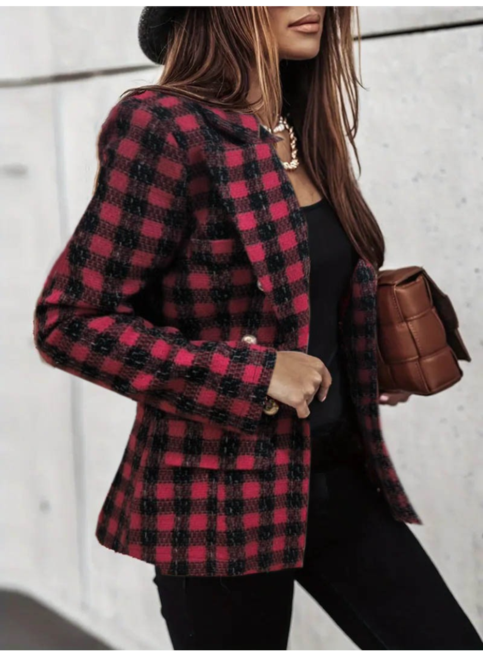 Kadın Uzun Kollu Yakalı Kare Desenli Ekoseli Düğmeli Ceket