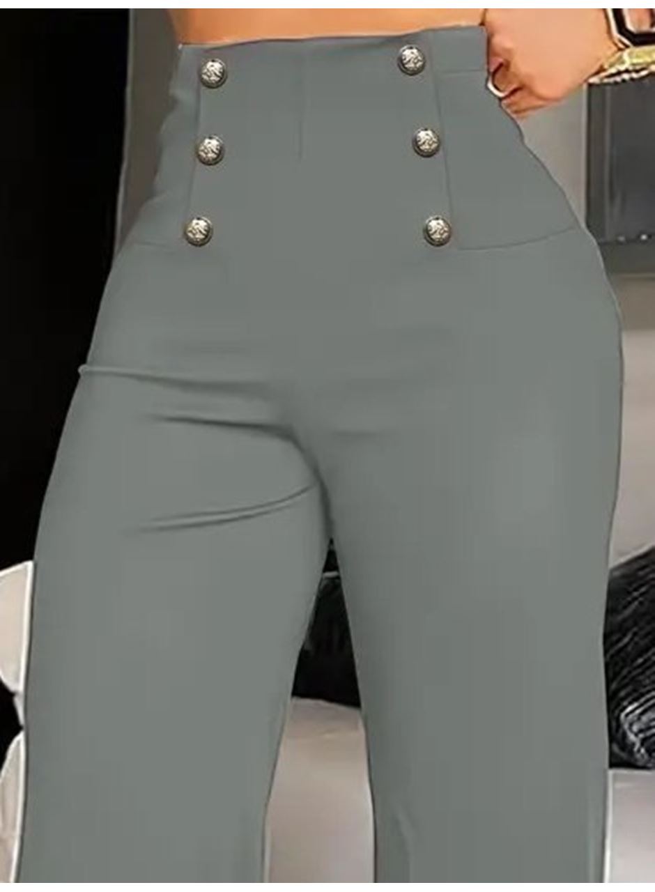 Kadın Yüksek Bel önden Düğmeli Uzun Paçaya Doğru Geniş Ithal Krep Pantolon