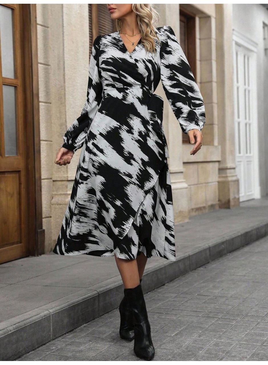 Kadın Uzun Kollu Kruvaze Yakalı Yandan Bağlamalı Desenli Mini Modal Elbise