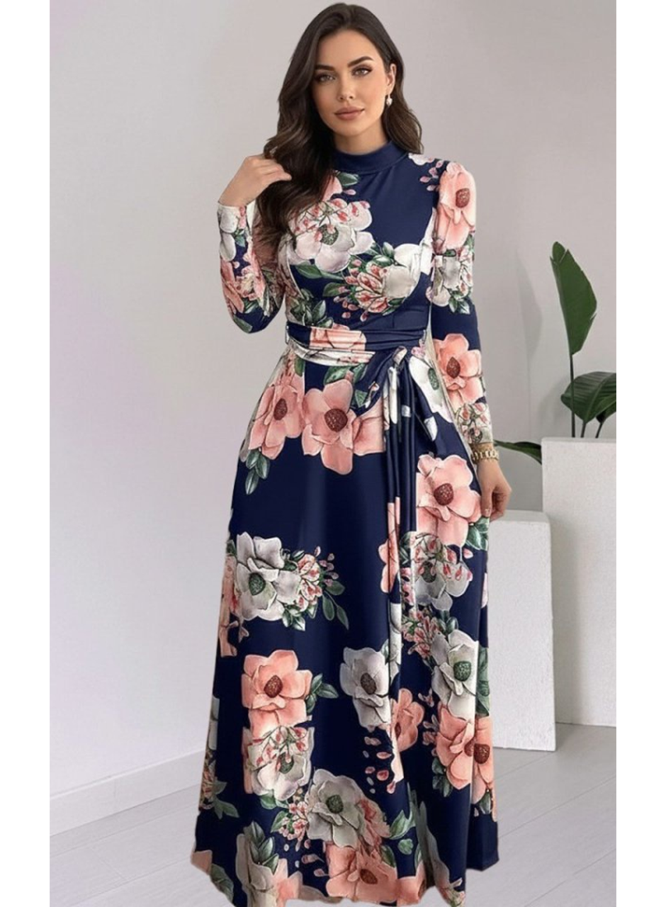 Kadın Uzun Kollu Yuvarlak Yakalı Beli Kuşaklı Desenli Süprem Uzun Elbise