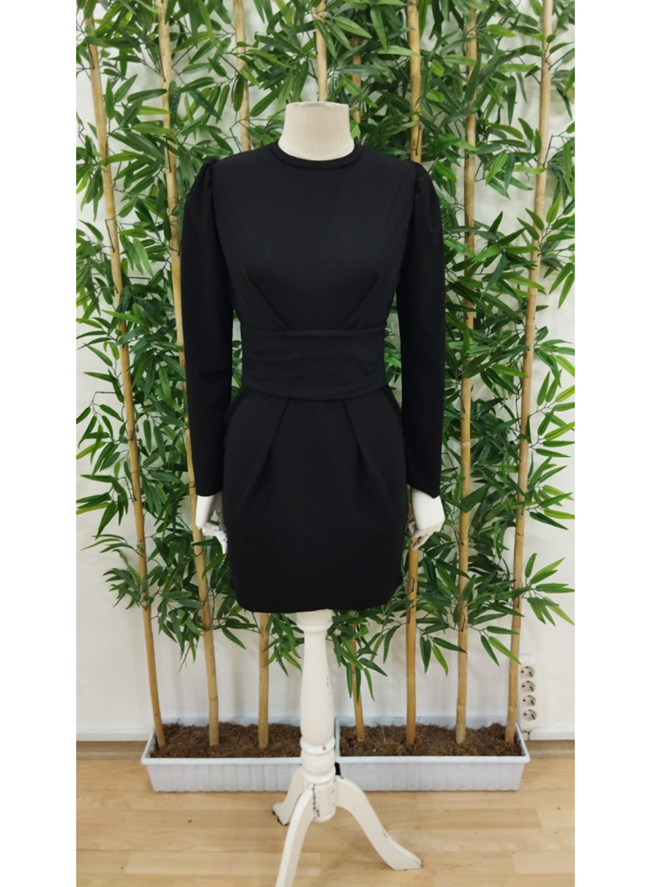 Kadın Uzun Kollu Bisiklet Yaka Bel Kemer Detay Ithal Krep Elbise