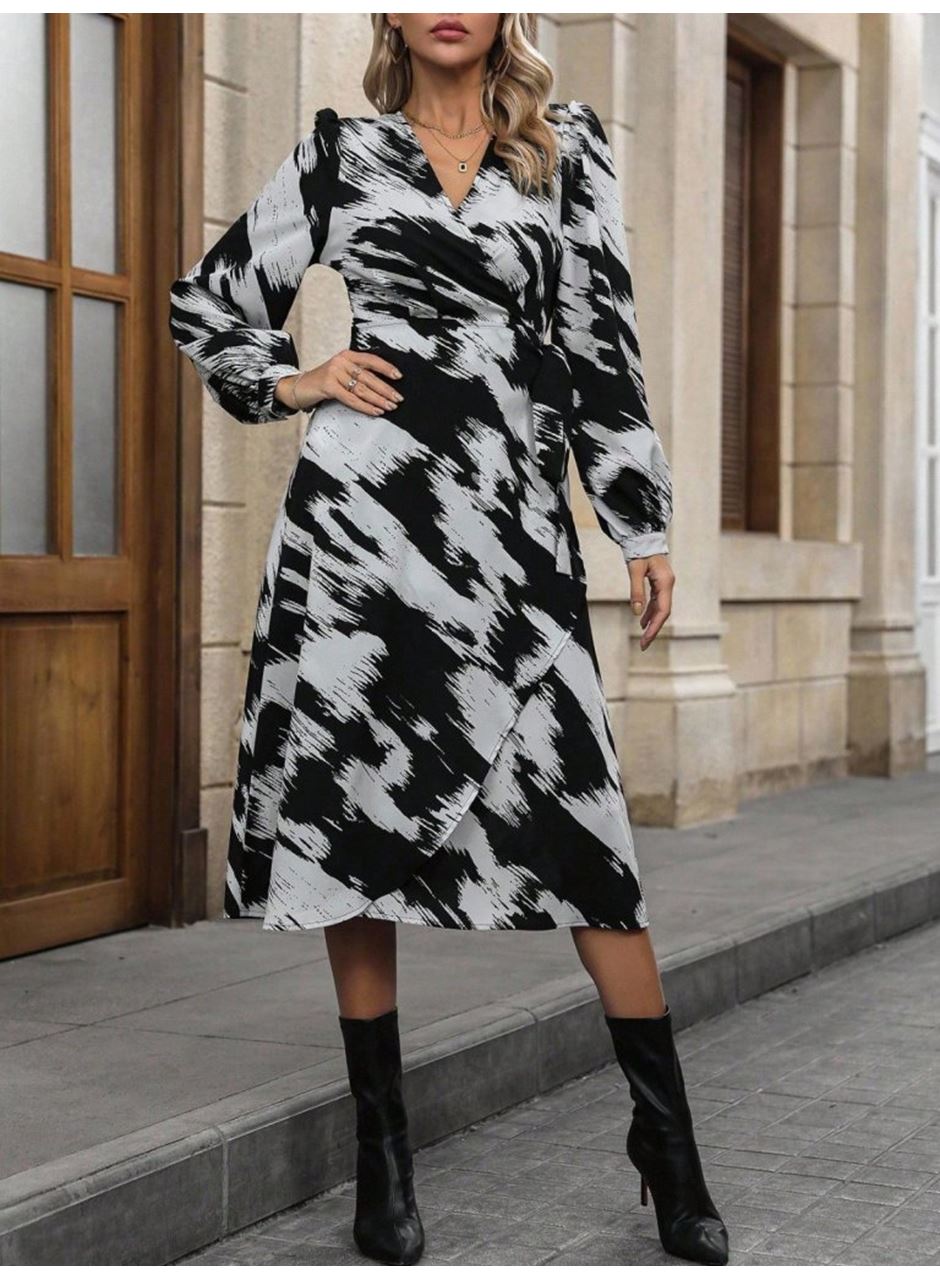 Kadın Uzun Kollu Kruvaze Yakalı Yandan Bağlamalı Desenli Mini Modal Elbise