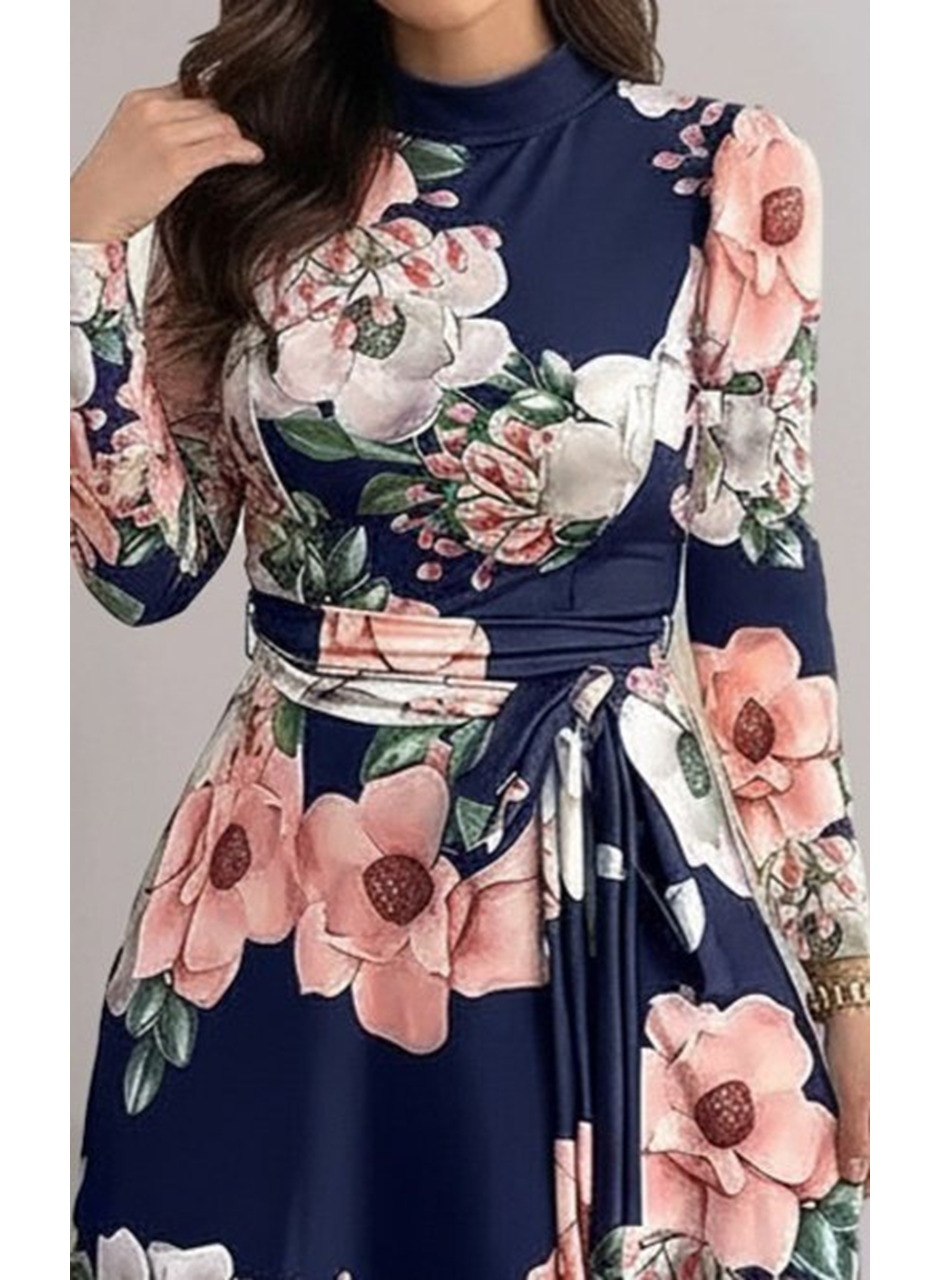 Kadın Uzun Kollu Yuvarlak Yakalı Beli Kuşaklı Desenli Süprem Uzun Elbise