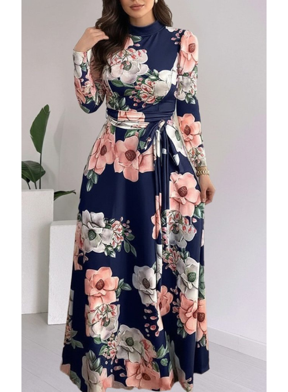 Kadın Uzun Kollu Yuvarlak Yakalı Beli Kuşaklı Desenli Süprem Uzun Elbise