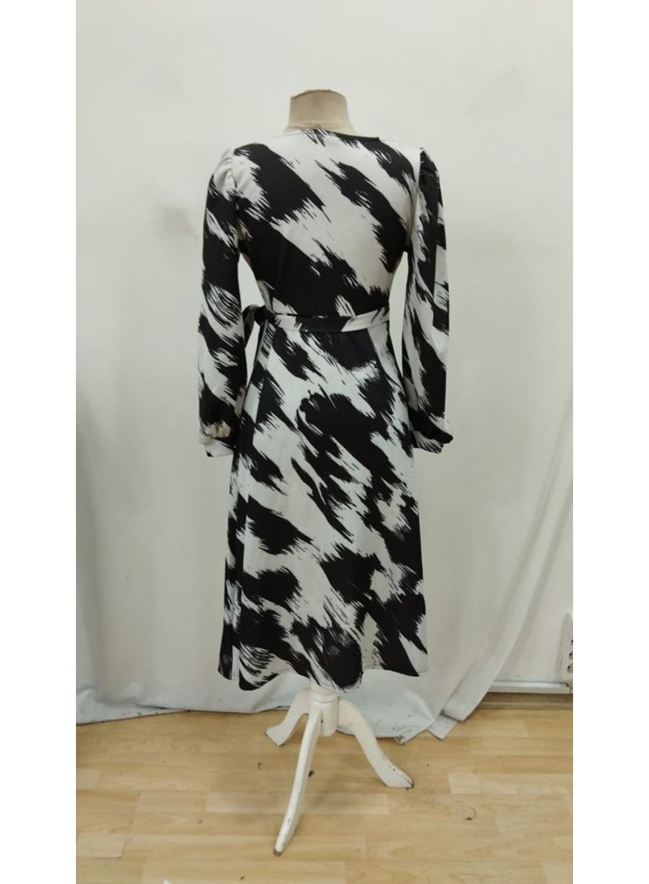 Kadın Uzun Kollu Kruvaze Yakalı Yandan Bağlamalı Desenli Mini Modal Elbise