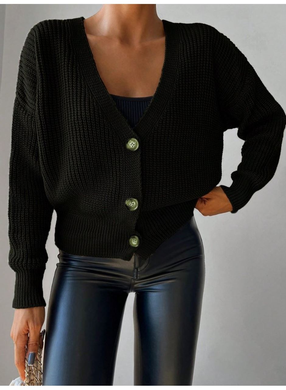 Kadın Uzun Kollu Düğme Detay Triko Hırka