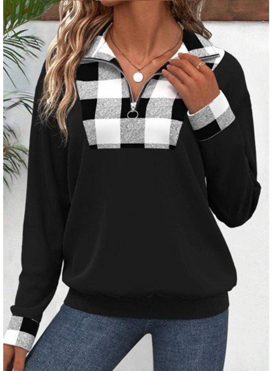 Kadın Uzun Kollu Yakalı önden Fermuarlı Ekose Detaylı Viskon Iki Iplik Bluz
