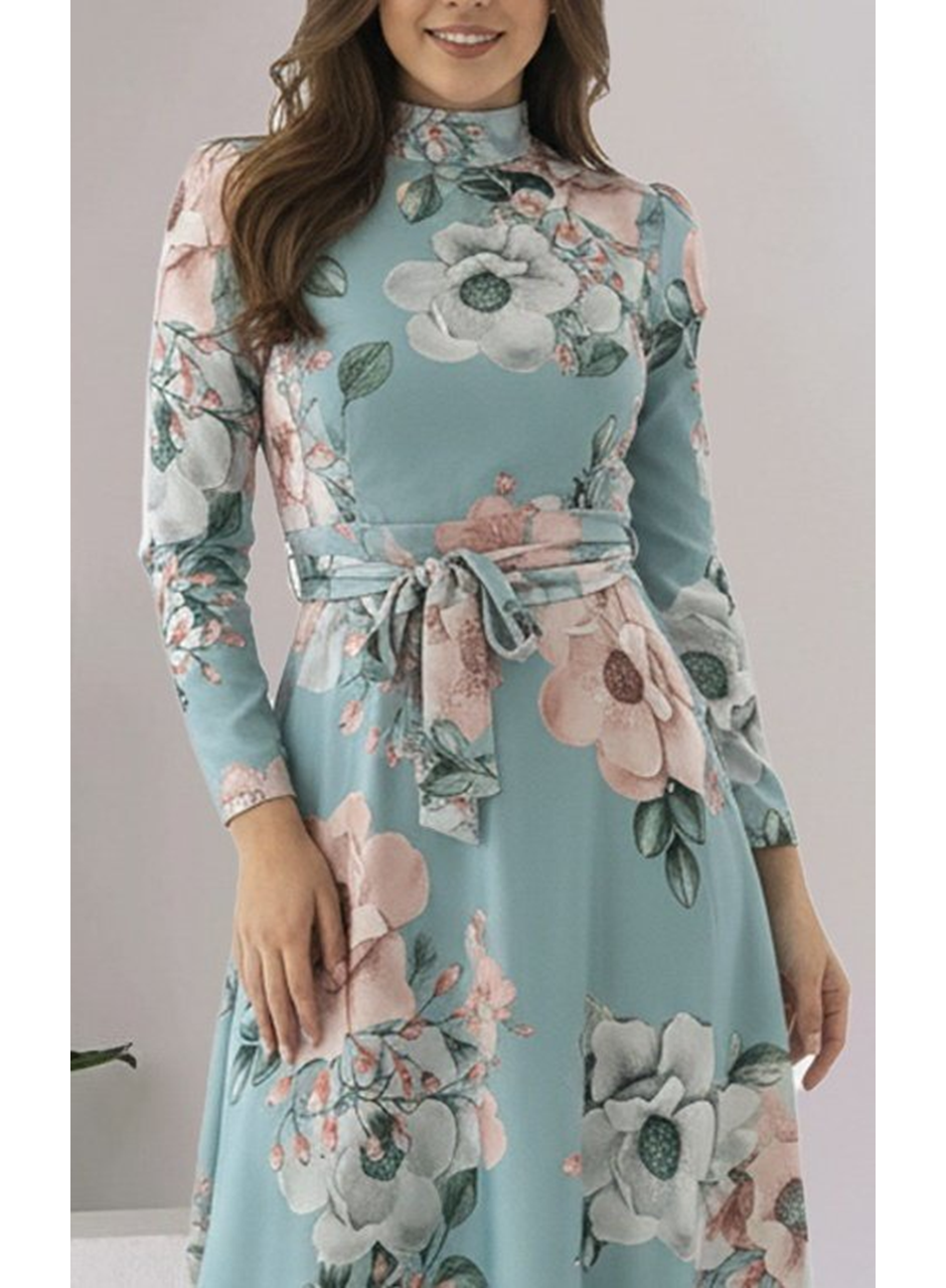 Kadın Uzun Kollu Yuvarlak Yakalı Beli Kuşaklı Desenli Süprem Uzun Elbise