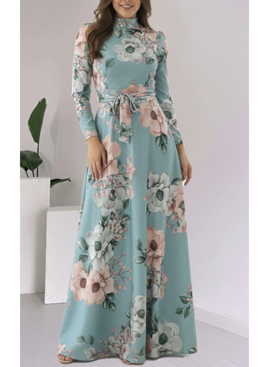 Kadın Uzun Kollu Yuvarlak Yakalı Beli Kuşaklı Desenli Süprem Uzun Elbise