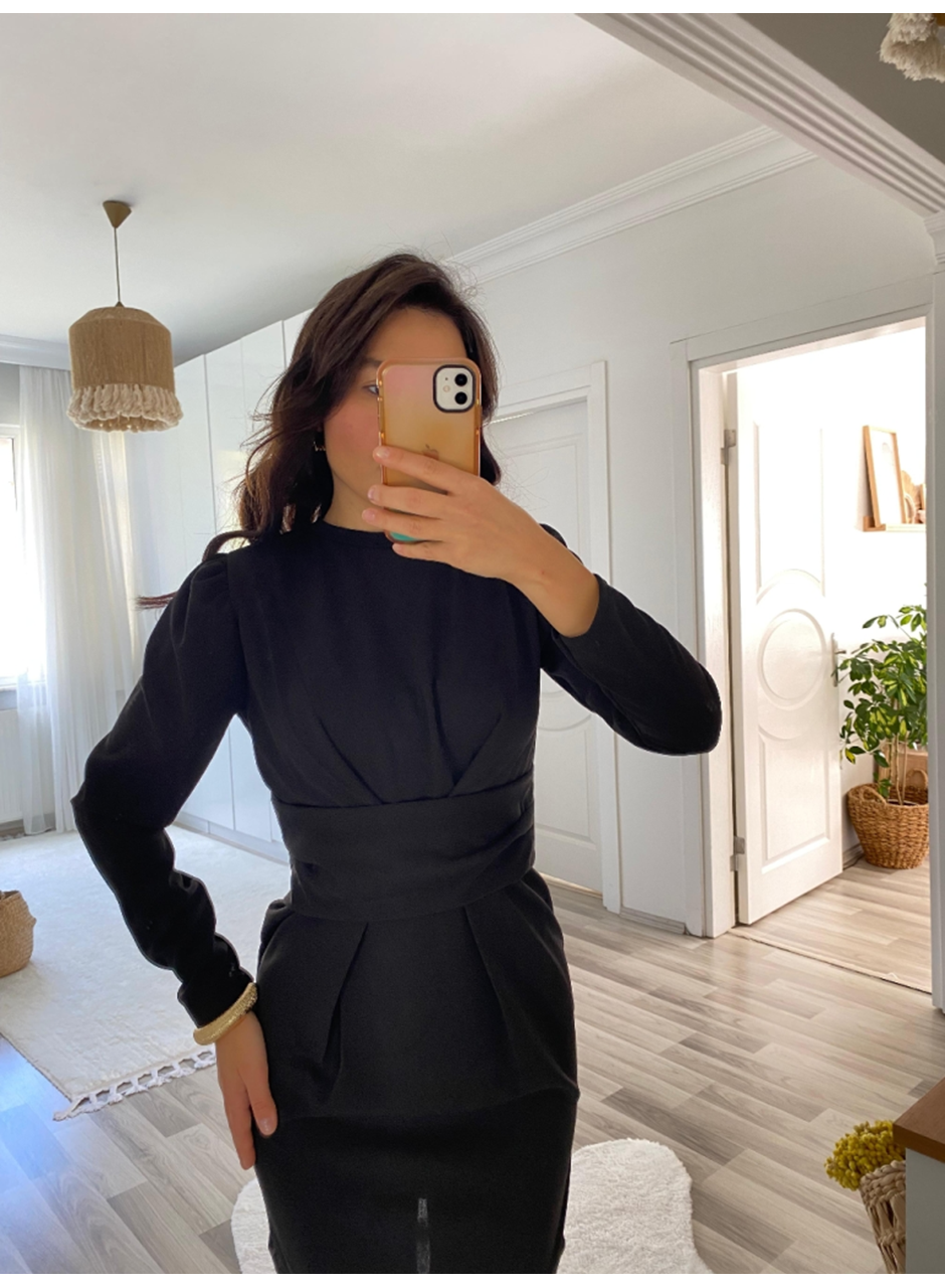 Kadın Uzun Kollu Bisiklet Yaka Bel Kemer Detay Ithal Krep Elbise