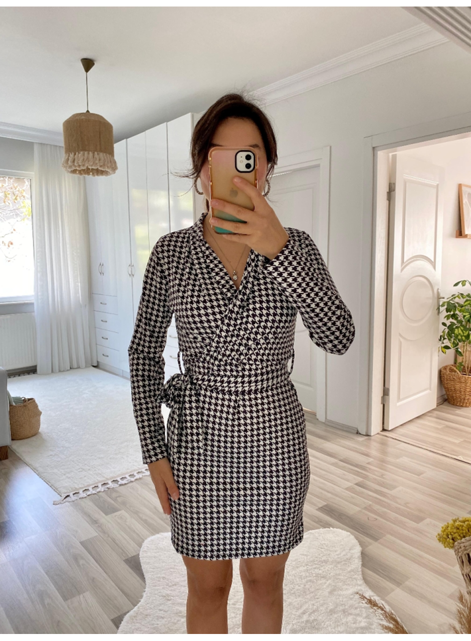 Kadın Uzun Kollu Kruvaze Yaka Bağlamalı Kemer Dalgıç Mini Boy Elbise