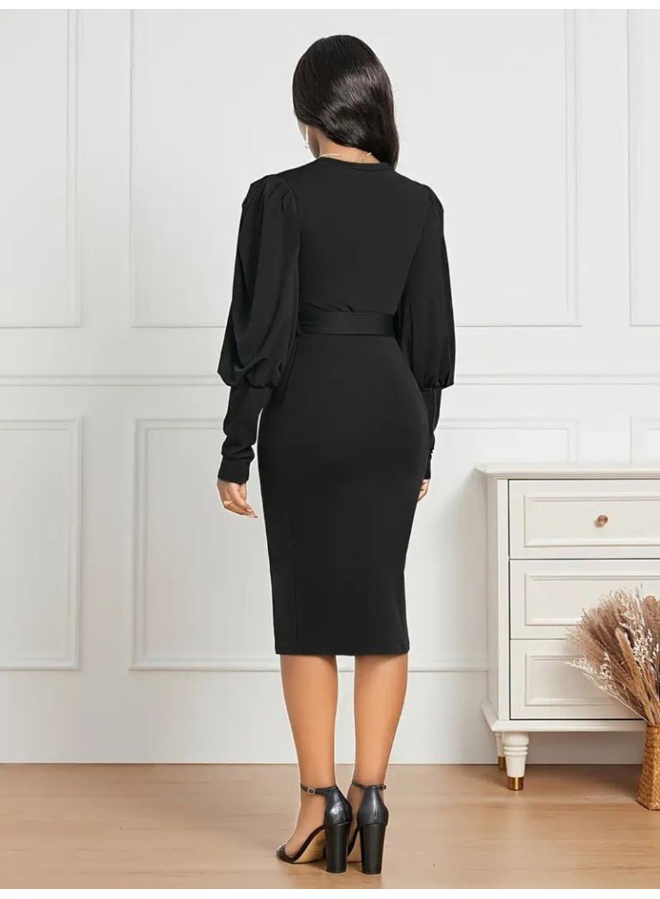 Kadın Uzun Kollu Bisiklet Yaka Beli Kuşaklı Ithal Krep Midi Elbise