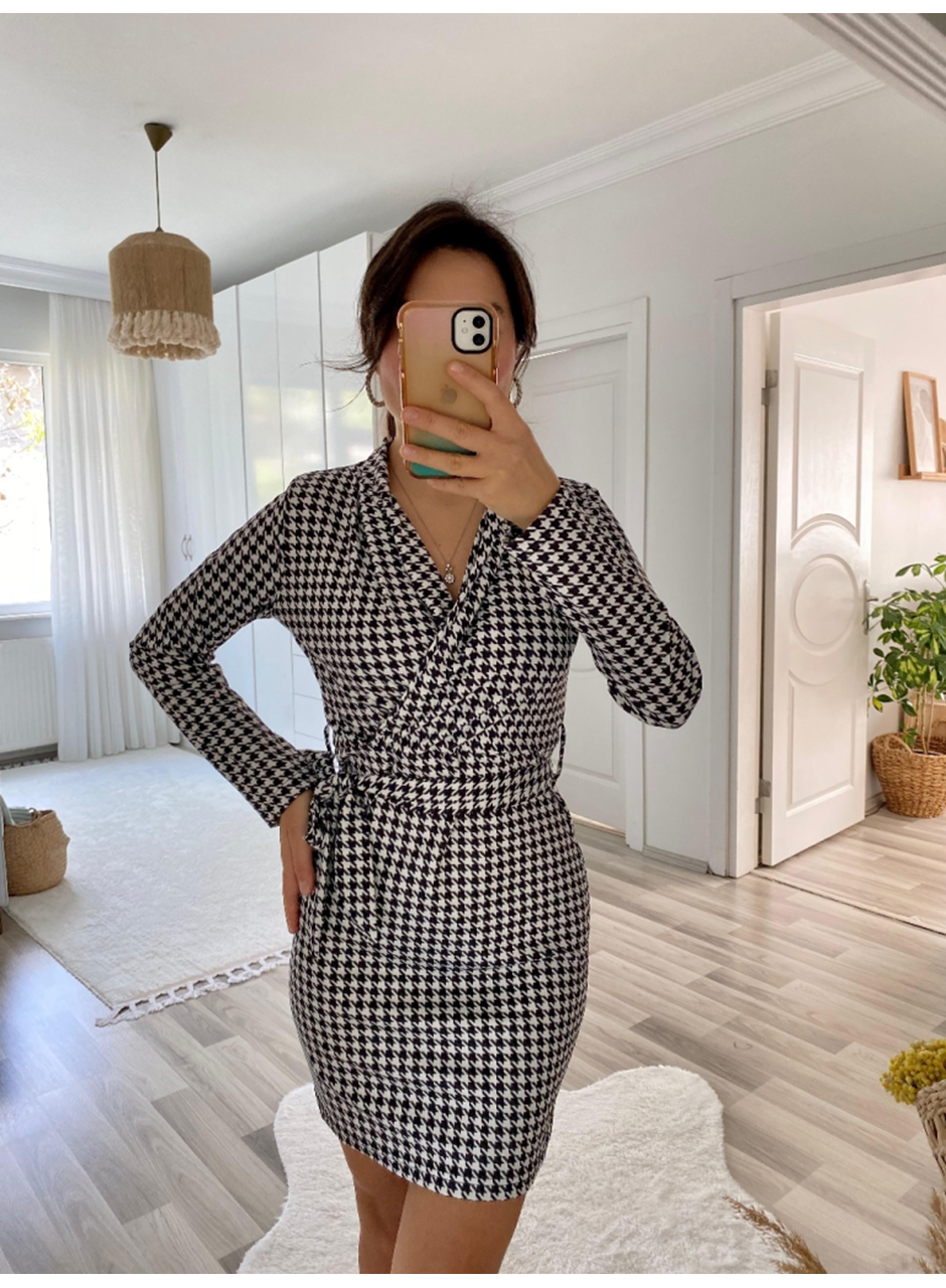 Kadın Uzun Kollu Kruvaze Yaka Bağlamalı Kemer Dalgıç Mini Boy Elbise