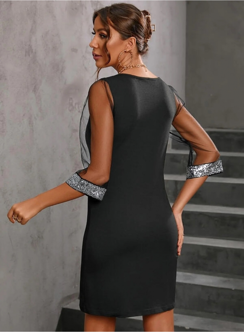 Kadın Uzun Kollu V Yaka Ve Kol Ucu Pul Payet Krep Elbise