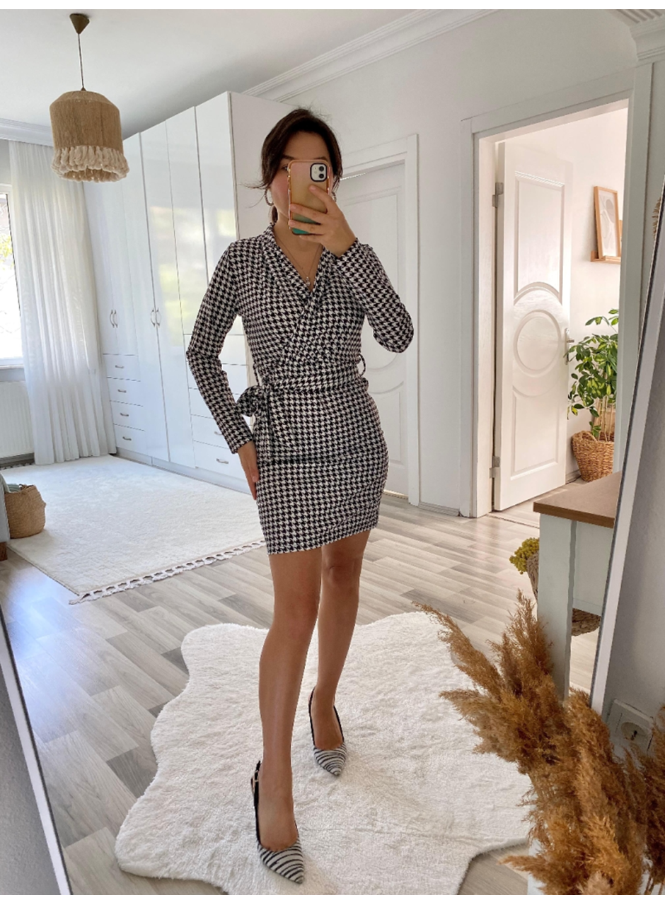 Kadın Uzun Kollu Kruvaze Yaka Bağlamalı Kemer Dalgıç Mini Boy Elbise