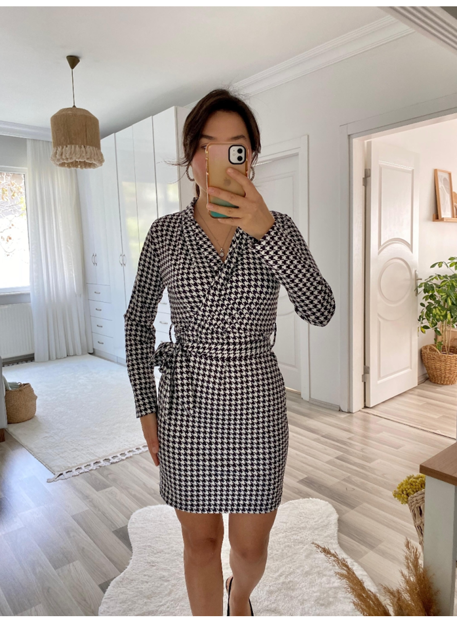 Kadın Uzun Kollu Kruvaze Yaka Bağlamalı Kemer Dalgıç Mini Boy Elbise