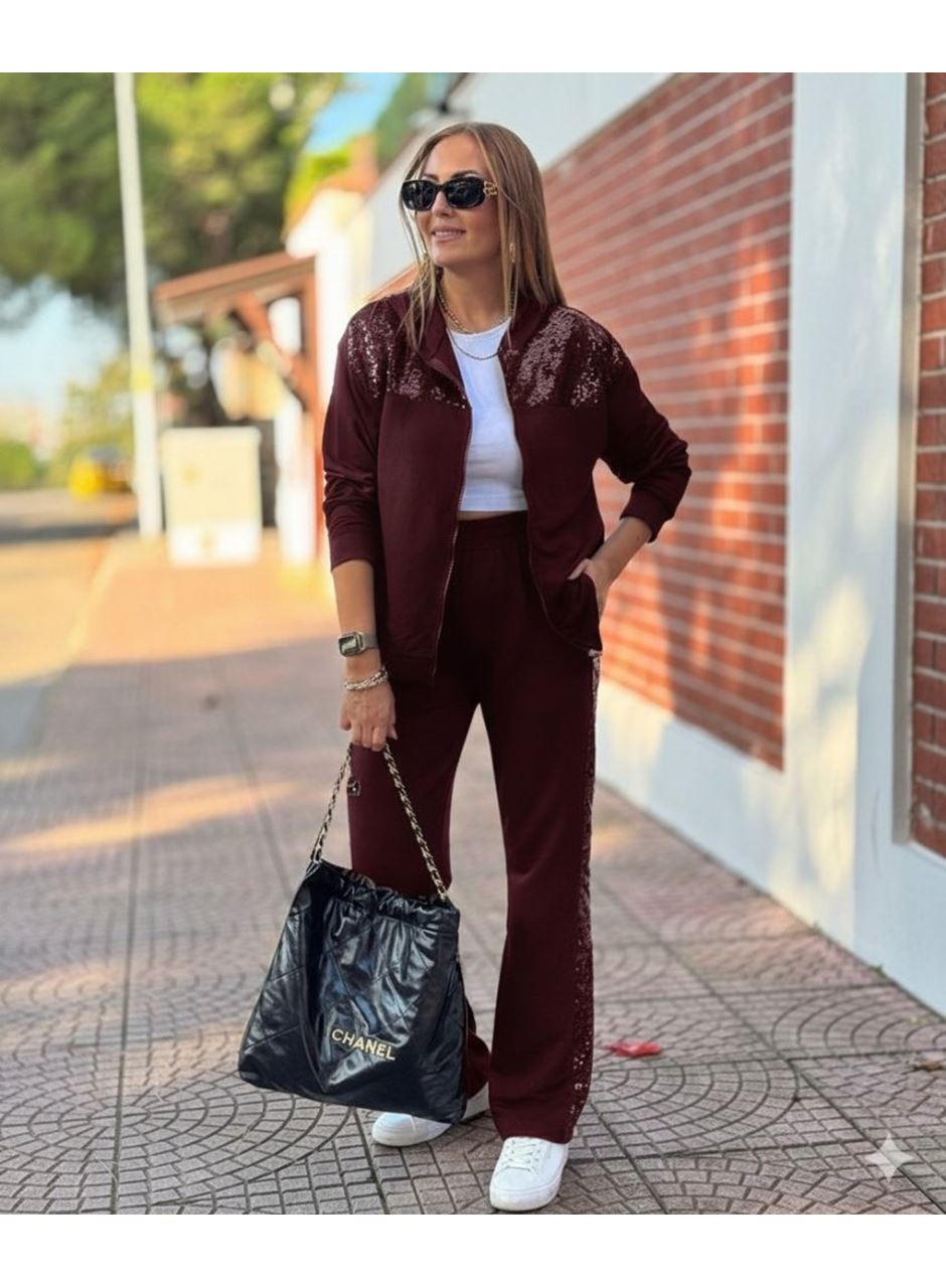 Kadın Uzun Kollu önden Fermuarlı Pul Payetli Alt üst Viskon Iki Iplik Takım