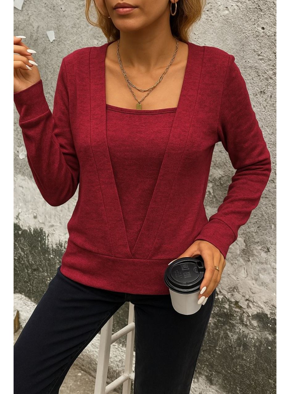 Kadın Uzun Kollu Kruvaze Yaka Kol Ve Etek Ucu Manşet Detay Yumoş Bluz